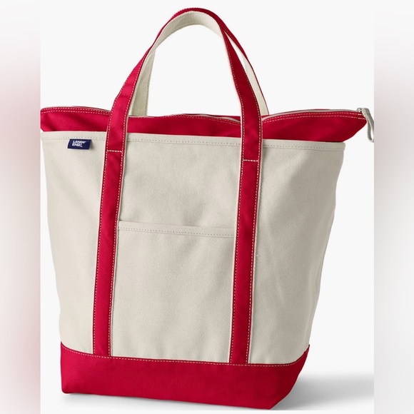 Lands' End Handbags - Lands End 100% Cotton Zip Top Canvas Heavy Duty Tote Bag L Ivory/Red | Travel